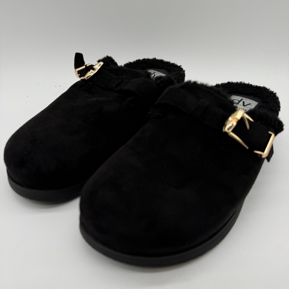 DV Dolce Vita Audreana Black Faux Suede Faux Fur Lined Buckle Clogs Womens 8